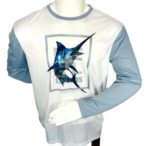 Reel Legends Long Sleeve Tee Shirt Mens L Marlin Fish Print White, Grey, Blue